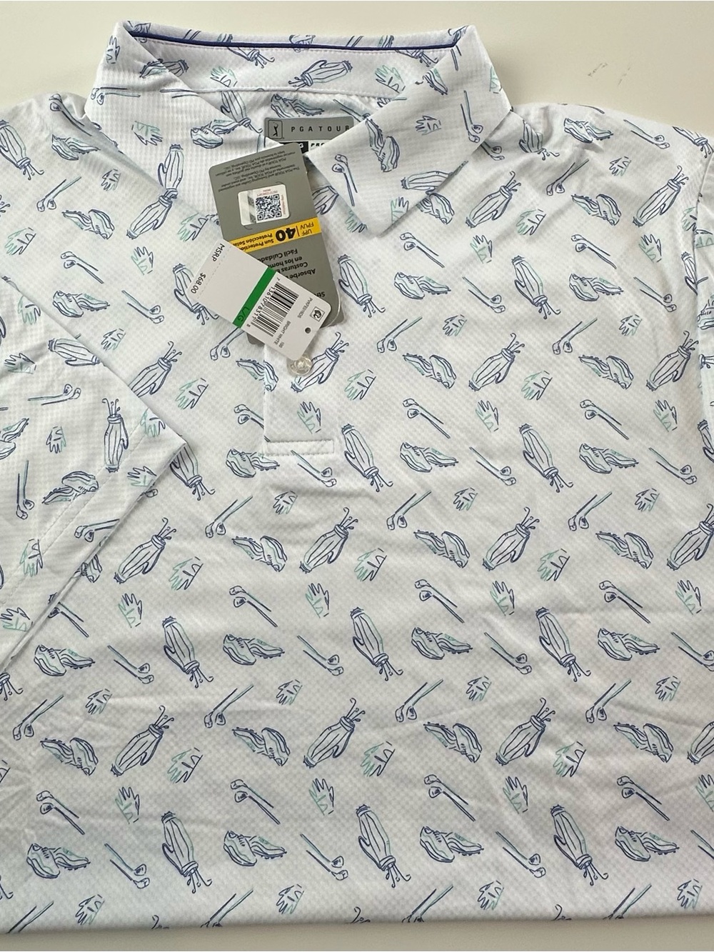 PGA Tour White Polo with Navy and Mint Golf Print